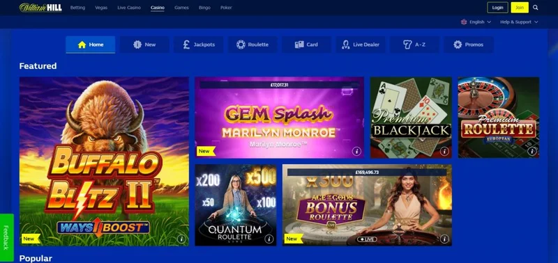 William hill Casino Games Collection - Slots, Roulette, Blackjack